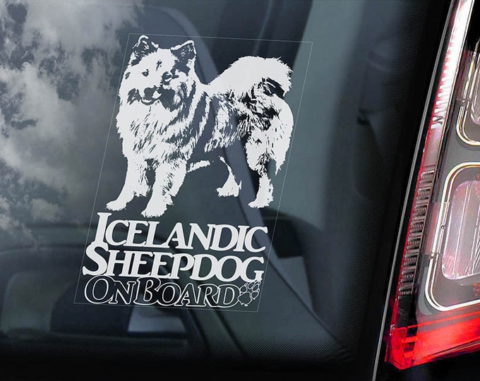 Icelandic Sheepdog on Board  - Car Window Sticker - Islandsk Spitz Dog Sign Decal  -V01