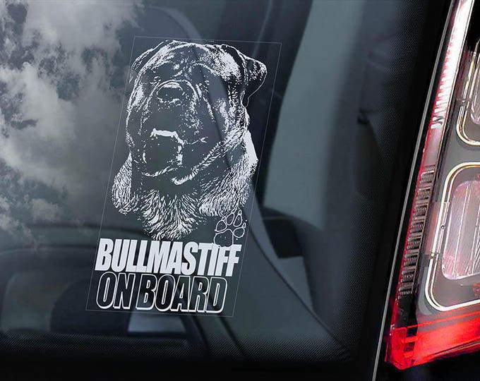 Bullmastiff on Board - Car Window Sticker - Bull Mastiff Dog Sign Decal - V03