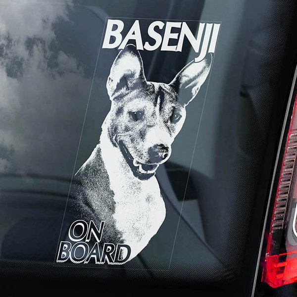 Basenji à bord - voiture fenêtre autocollant - Ango Maudee brousse africaine chien signe Decal - V01