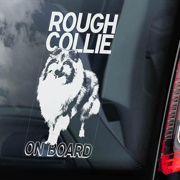 Rough Collie à bord - Autocollant fenêtre de voiture - Long-Haired Lassie Dog Sign Decal - V01