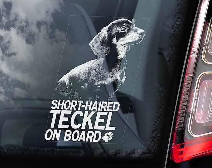 Short-Haired Teckel on Board - Car Window Sticker - Dachshund Dackel Dog Sign Decal - V01