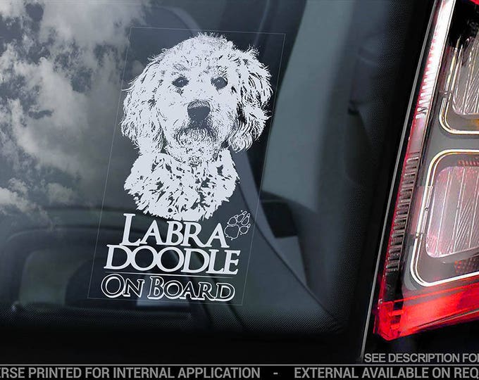Labradoodle on Board - Car Window Sticker - Retriever Gun Hybrid Dog Sign Decal - V01