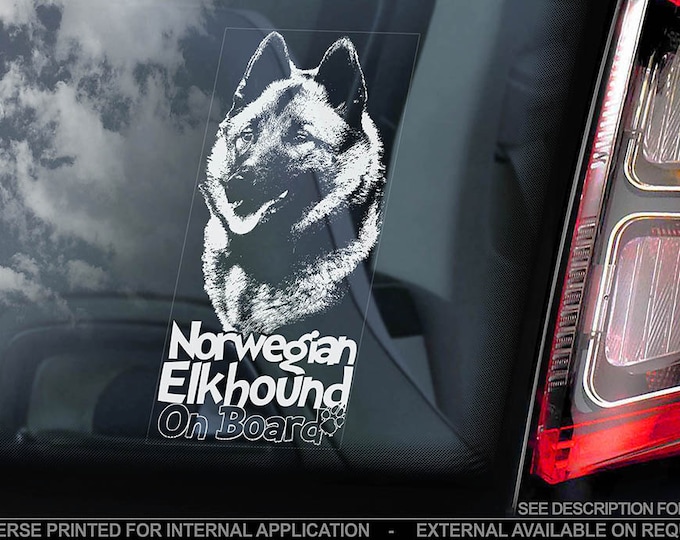 Norwegian Elkhound on Board - Car Window Sticker - Norsk Elghund Dog Sign Decal - V02