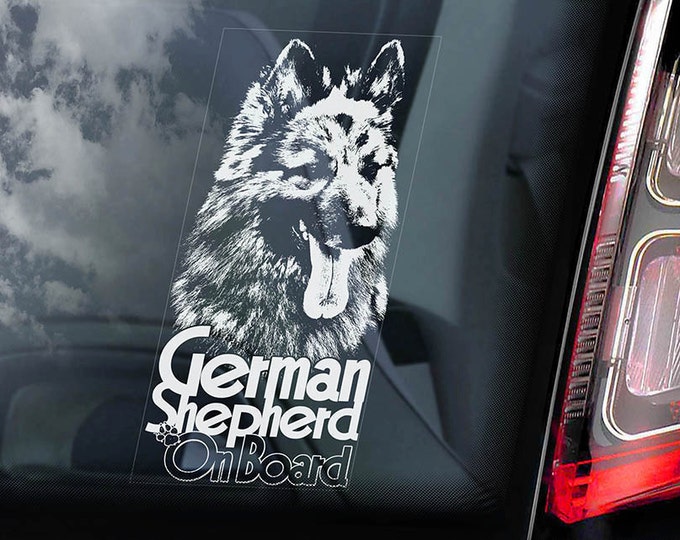 German Shepherd on Board - Car Window Sticker - Long Haired Alsatian K9 Dog - Decal -V03