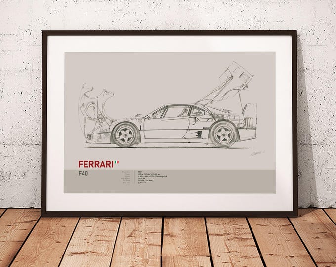 Ferrari F40 Art Print - Illustration Artwork Poster, Motorsport Fan Custom Gift -A01