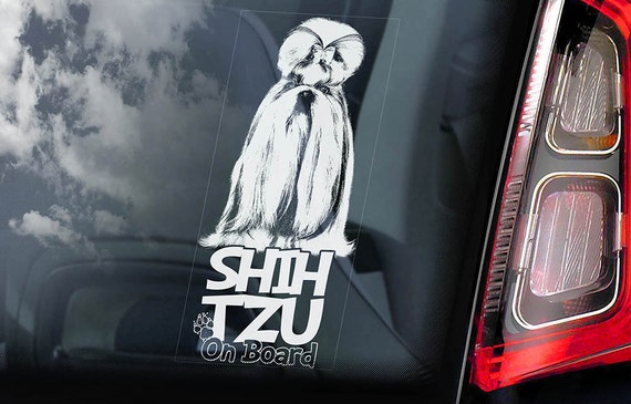 Shih Tzu on Board - Car Window Sticker - Long Haired Chrysanthemum Dog Sign Decal  -V04