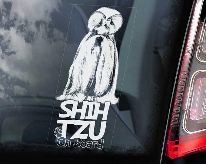 Shih Tzu on Board - Car Window Sticker - Long Haired Chrysanthemum Dog Sign Decal  -V04
