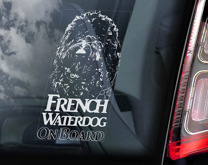 French Water dog on Board - Car Window Sticker - Barbet Waterdog Sign Gift Decal - V01