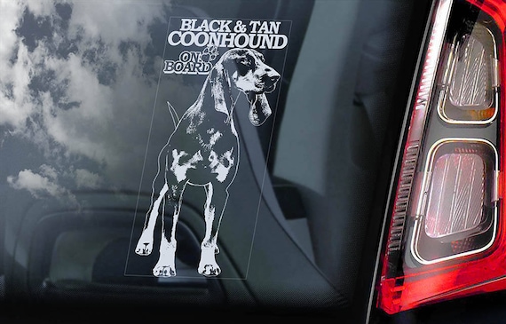 Black & Tan Coonhound on Board - Car Window Sticker - Hound Dog Sign Decal Art Gift - V01