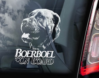 Peut inclure: Silhouette blanche de la tête d'un chien Boerboel avec le texte "Boerboel On Board" sur la vitre d'une voiture noire.