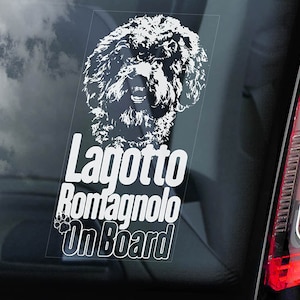 May include: White car window sticker with a white silhouette of a Lagotto Romagnolo dog and the text "Lagotto Romagnolo OnBoard".
