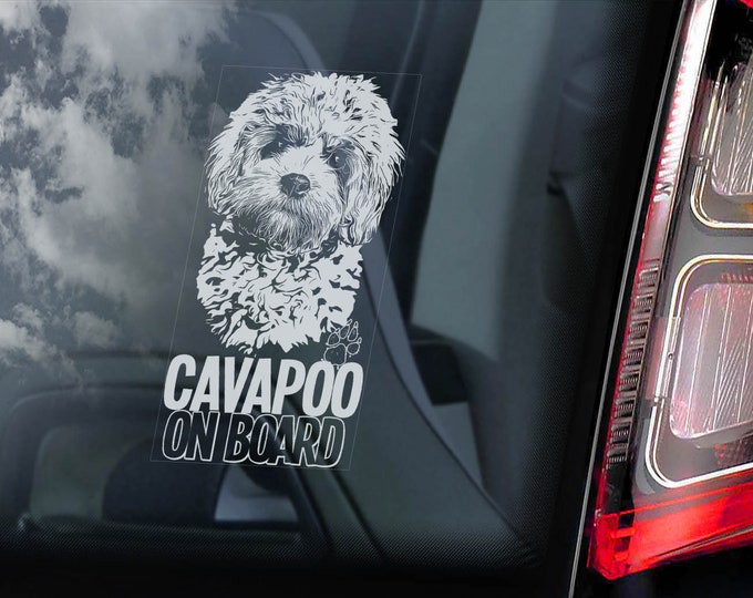 CAVAPOO Window Sticker - Cavalier Spaniel Poodel Dog on Board Car Sign Decal Cavoodle - V01