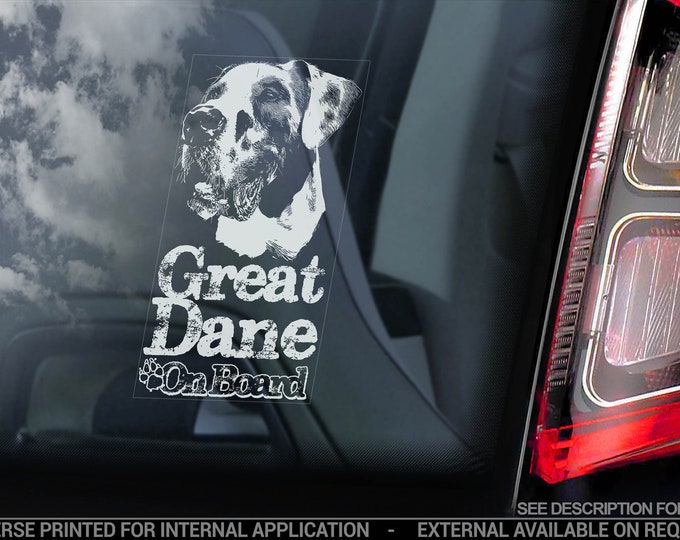 Great Dane on Board - Car Window Sticker - Harelquin Coat Dog Sign Bumper Decal - V05