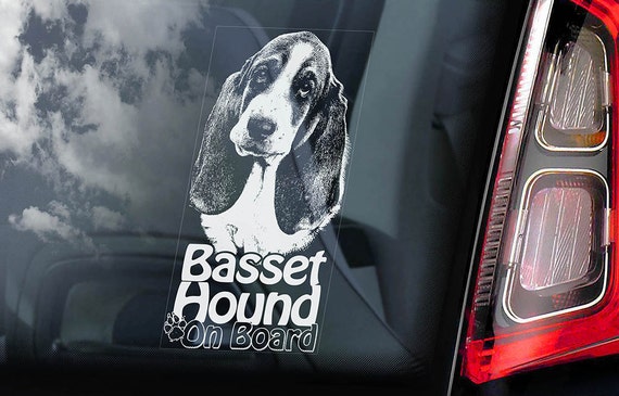 Basset Hound on Board - Car Window Sticker - Hush Puppy Dog Sign Decal Art Gift - V02