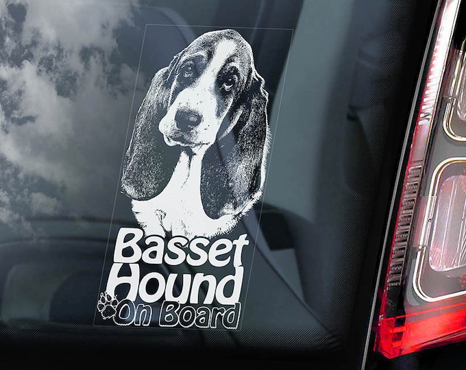 Basset Hound on Board - Car Window Sticker - Hush Puppy Dog Sign Decal Art Gift - V02