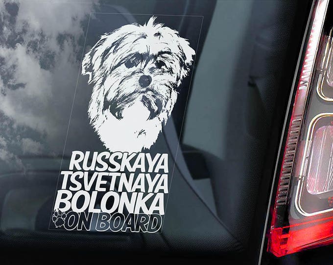 Russkaya Tsvetnaya Bolonka on Board - Car Window Sticker - Tsvetnaya Zwetna  Dog Sign Decal - V01