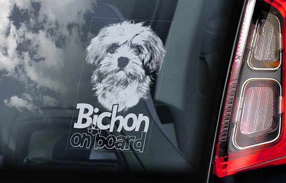 Bichon on Board - Car Window Sticker - Frise Havanese Dog Sign Decal Art Gift - V01