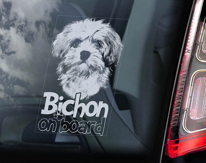 Bichon on Board - Car Window Sticker - Frise Havanese Dog Sign Decal Art Gift - V01