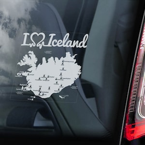Sticker I LOVE ISLANDE - Sticker vitre éruption, carte de l'île volcanique V01