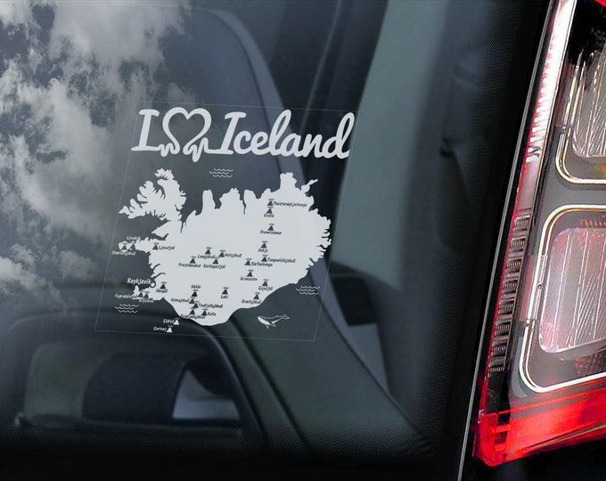 I LOVE ICELAND Car Sticker - Bumper Window Decal Eruption Volcano Island Map V01