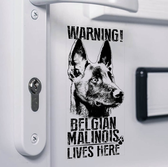 WARNING! Belgian Malinois Lives Here Sticker - Home Security K9 Dog Door Sign Decal - V29BLK