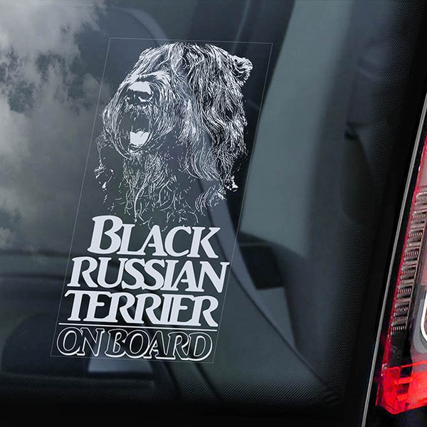 Black Russian Terrier on Board - Car Window Sticker - Tchiorny Dog Sign Decal Art Gift - V02