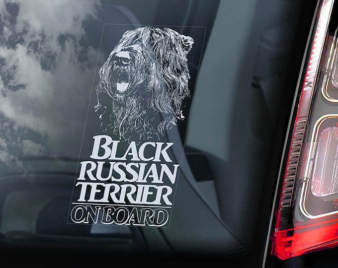 Black Russian Terrier on Board - Car Window Sticker - Tchiorny Dog Sign Decal Art Gift - V02