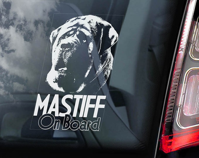 Mastiff on Board - Car Window Sticker - English Molosser Dog Sign Decal - V03
