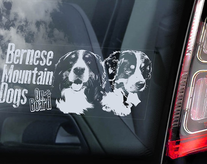 Bernese Mountain Dogs on Board - Car Window Sticker - Berner Sennenhund Sign Dogs Decal Art Gift - V03