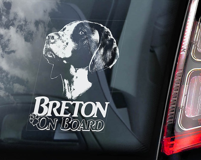 Breton on Board - Car Window Sticker - French Brittany Spaniel Dog Sign Decal - V01