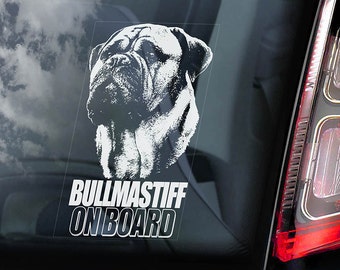 Bullmastiff on Board - Car Window Sticker - Bull Mastiff Dog Sign Decal - V01