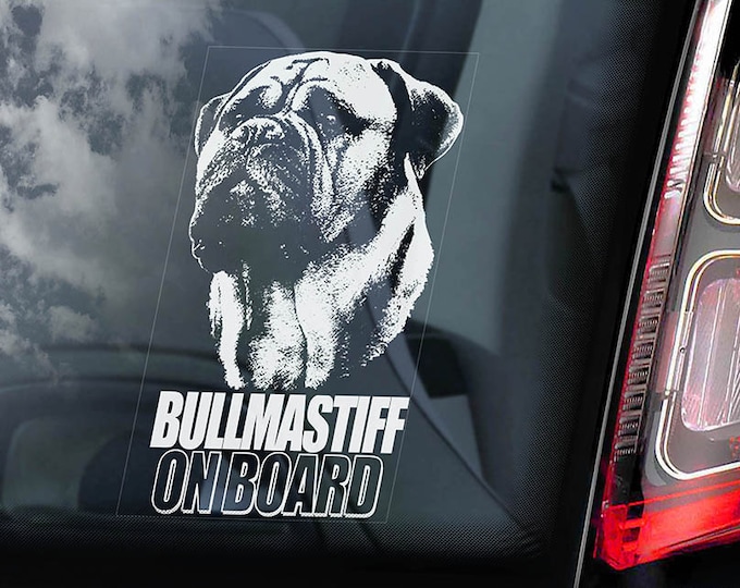 Bullmastiff on Board - Car Window Sticker - Bull Mastiff Dog Sign Decal - V01