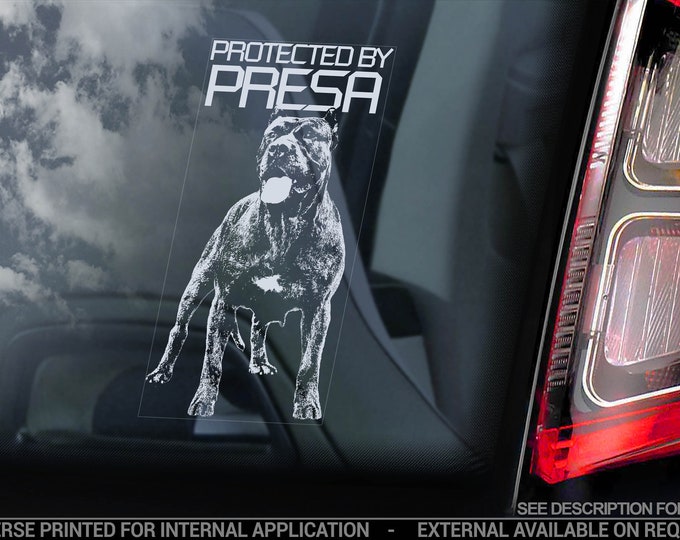 Protected by Presa - Car Window Sticker - Dogo Canario Canary Mastiff Dog Bumper Decal - V04