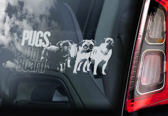 PUGS ON BOARD - Car Window Sticker - Fawn Black Pug Dog Sign Bumper Decal - V08