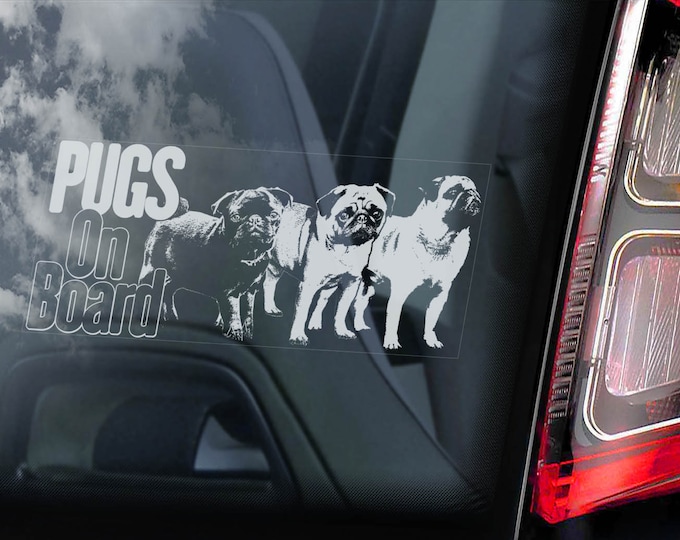 PUGS ON BOARD - Car Window Sticker - Fawn Black Pug Dog Sign Bumper Decal - V08