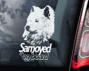 Samoyed on Board - Car Window Sticker - Bjelkier Nenetskaya Laika Dog Sign Decal - V02