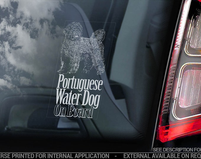 Portuguese Water Dog on Board - Car Window Sticker - Cão de Água Português Sign Decal - V03