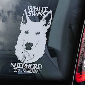 Może przedstawiać: Sylwetka białego szwajcarskiego owczarka na szybie samochodu z napisem "Biały szwajcarski owczarek na pokładzie".