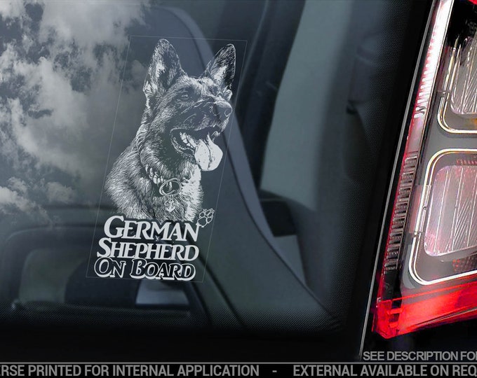 German Shepherd on Board - Car Window Sticker - Security Alsatian K9 Dog Decal Bumper Sign - V27