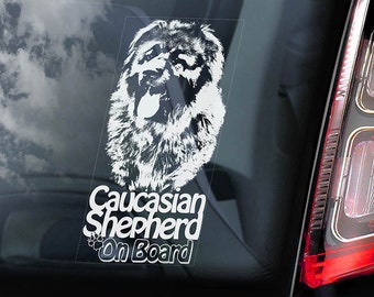 Caucasian Shepherd on Board - Car Window Sticker -  Ovcharka Mountain Sheep Dog Sign Decal - V01