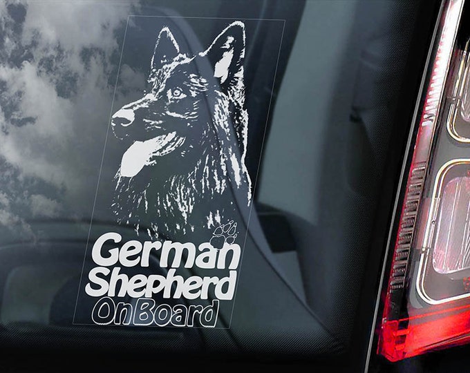 German Shepherd on Board - Car Window Sticker - Long-Haired Alsatian K9 Dog Sign Decal -V15