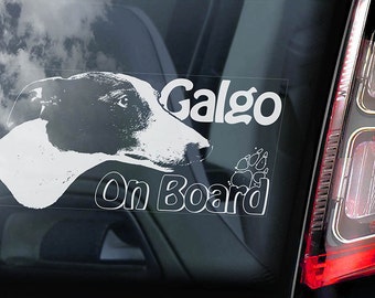 Może przedstawiać: Biała naklejka winylowa z czarno-białym sylwetką psa rasy Galgo, tekstem "Galgo" i "On Board" oraz odciskiem łapy.