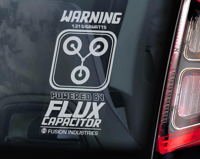 Powered by FLUX CAPACITOR Car Sticker, Back to the Future Window Decal Bumper Sign DMC Delorean -V4BW