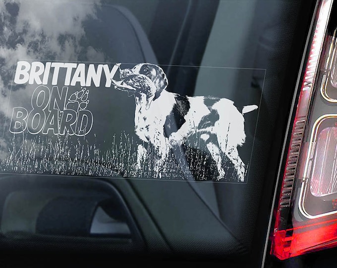 Brittany on Board - Car Window Sticker - French Spaniel Breton Dog Sign Decal - V01
