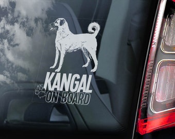 Könnte beinhalten: Weiße Silhouette eines Kangal-Hundes auf einem schwarzen Autofenster mit dem Text "Kangal On Board".