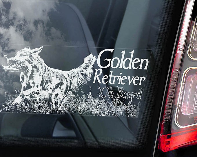 Golden Retriever on Board - Car Window Sticker - Hunting Gun Dog Sign Decal -V02