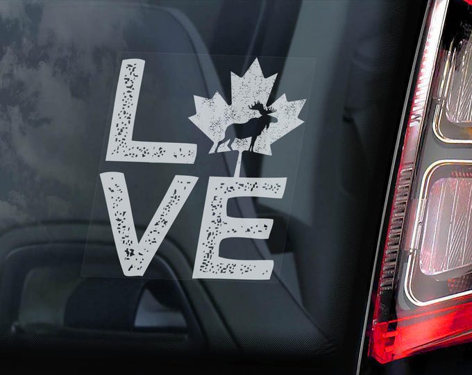 LOVE CANADA Car Sticker, Canadian Maple Leaf Moose National Flag Window Decal Sign -V06BW