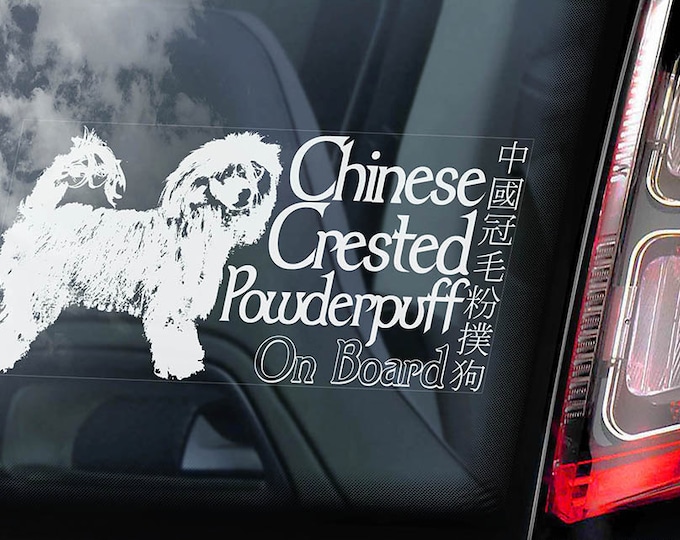 Chinese Crested Powderpuff on Board - Car Window Sticker - Powder Puff Dog Sign Cute Gift Idea Art Decal - V01