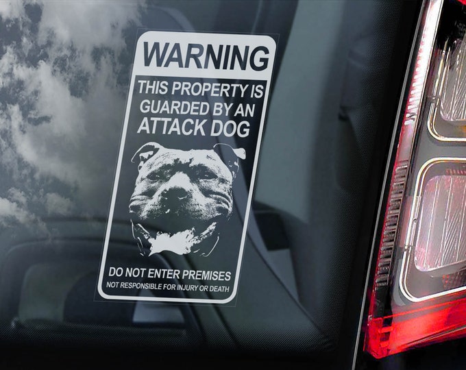 WARNING Attack Dog - Car Window Sticker - American Staffordshire Terrier Staffie Staffy Amstaff Security Dog Sign Decal - V01