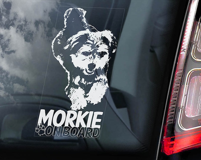 Morkie on Board - Car Window Sticker - Yorkshire Terrier Maltese Hybrid Breed Dog Sign Decal - V01
